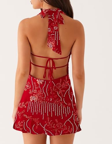 Image of Women Halter Low Neck Mini Dress Sexy Cutout Sleeveless Boho Short Dresses Open Back Night Party Going Out Sundress