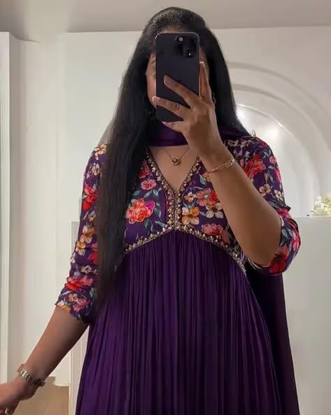 Image of KD Women's Anarkali Floral Printed Kurta Pant Set with Dupatta Anarkali Kurta for Women | Kurta Set | anarkali dress V-NACK kurtis set for women