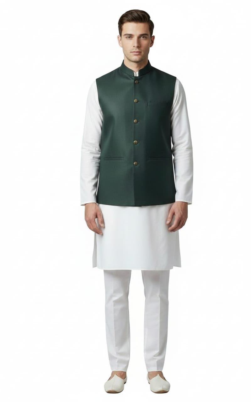 Sadari Men's Traditional Nehru Jacket Waistcoat, Forest teal blue Cotton, Mandarin Collar, Button Front Closure, Regular Fit, Wedding Formal Wear-picture-10