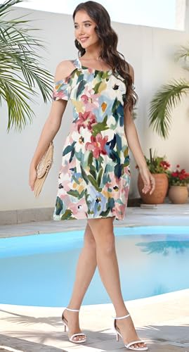 Image of GUNEST Womens Summer Dress Cold Shoulder Scoop Neck Short Sleeve Spaghetti Strap with O Ring Fashion Sundress with Pockets