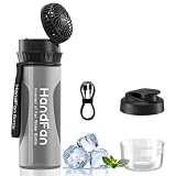 HandFan Water Bottle with Fan, BPA Free 24oz Plastic Sports Water Bottle with Strap, Straw, Leakproof, Lid, Portable Handheld Cooling Fan, for Gym, Running, Travel, Hiking, School, Office (Black)