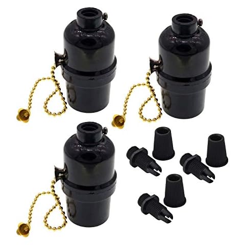 Phenolic Medium Base Light Socket with Pull Chain Switch,3 Pack TWDRTDD Black Period Style E26 E27 Edison Retro Pendant Lamp Holder (1/8 IP Thread Cap) Cover