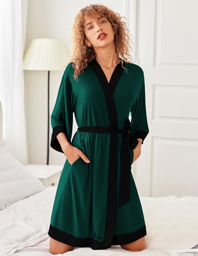 Image of Ekouaer Robes for Women Knee Length Bathrobe Lightweight Kimono Robe 3 /4 Sleeve Knit Sleepwear with Pockets