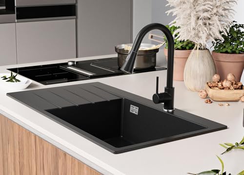 Lavello Cucina Nero 90x50 cm, Lavello in Granito 1...