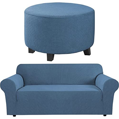 H.VERSAILTEX H.VERSAILTEX Sofa Slipcover 74"-88" Bundles Round Ottoman Slipcover (X-Large, Dusty Blue)