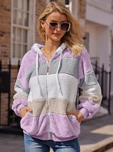Fleecejacke Hoodie Damen Kapuzenpullover Teddy-Fleece Warm Herbst Wintermantel Stilvoller ReißVerschluss Fellmantel PlüSchjacke Mit Taschen (Lila, M)