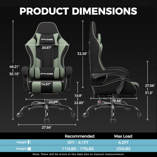 Image of GTPLAYER Gaming Chair, Computer Chair with Footrest and Lumbar Support, Height Adjustable Game Chair with 360-Swivel Seat and Headrest and for Office or Gaming (Green, Fabric)