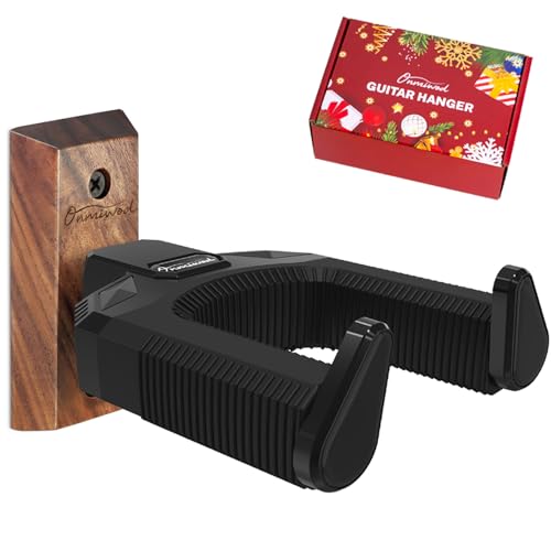 Onmiwod Guitar Wall Mount, Auto Lock Black Walnut Wood Guitar Hanger, Guitar Wall Hangers, Guitar Holder Hook Wall Stand for Classical, Acoustic, Electric Guitar, Bass, Gift for Guitar Player