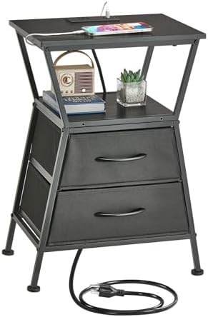 Nightstand with Charging Station, Side Tables for Bedroom with Built-in USB Side Table with 2 USB Ports and Outlets Nightstand with Cloth Drawer End Tables Living Room Sofa Couch