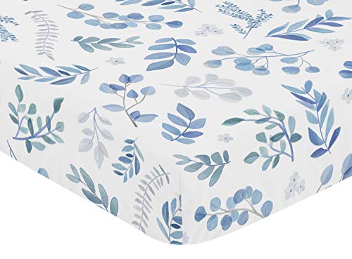 Image of Sweet Jojo Designs Floral Leaf Boy or Girl Fitted Crib Sheet Baby or Toddler Bed Nursery - Blue Grey and White Boho Watercolor Botanical Flower Woodland Tropical Garden