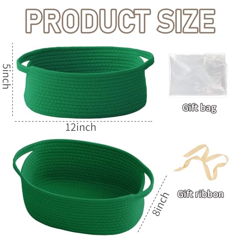 Image of JMvicyroam Small Woven Basket, Empty Gift Basket, Green /3 Pack | Small Gift Basket, Cotton Rope, 12 x 8 x 20 in, Handles, Includes Ribbon and Bag, Birthday Gift Basket
