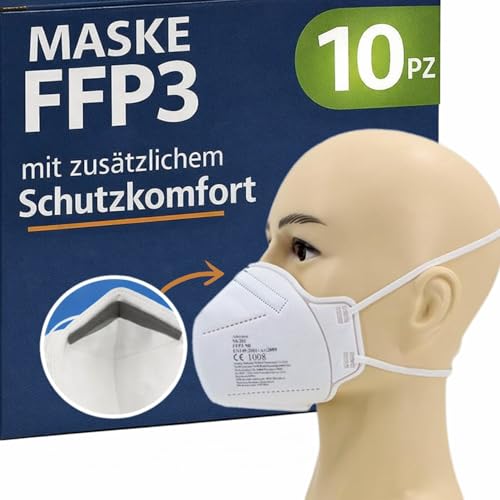 10 FFP3 Mund- und Nasenschutz Maske mit EC Zertifizierung, 5 lagige Maske ohne Ventil, Staub- und Partikelschutzmaske, medizinische Schutzmaske mit hoher BFE-Filtereffizienz ≥ 99, 10 Atemschutzmaske