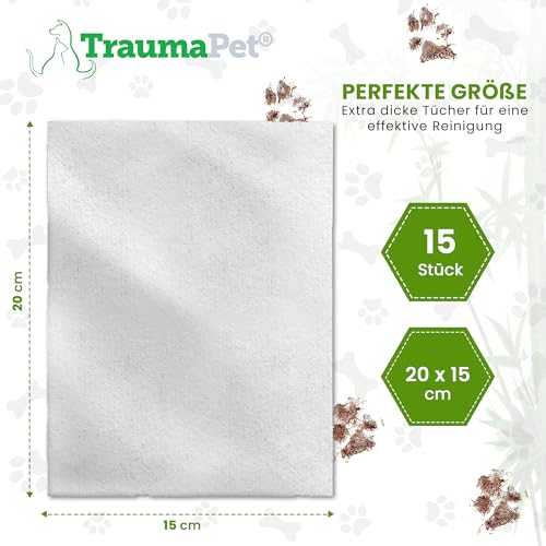 TraumaPet Premium Feuchttücher für Hunde & Katzen – Feuchte Reinigungstücher mit Kamille & Silber – Reinigungstücher für empfindliche Stellen – 15 Stück | Feuchttücher Hund & Katze