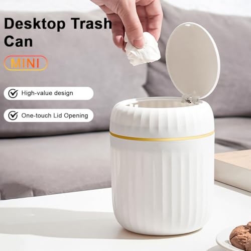 Image of HASTHIP Small Dustbin With Lid - Mini Desktop Trash Can Pop Up Tiny Tabletop Garbage Can Portable Small Dustbin Wastebasket for Bathroom Vanity, Desktop, Tabletop (Round Press - White)