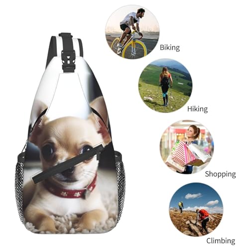 Mochila tipo sling negra con diseño de chihuahua miniatura 5