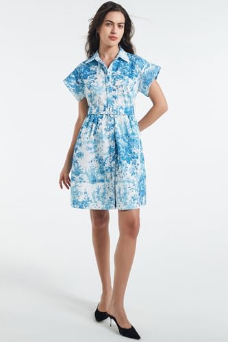 Image of D-Sun Women Button Down Shirt Dress V-Neck Floral Printed Short Sleeve Mini Dress Casual Belted Short Party with Pocket