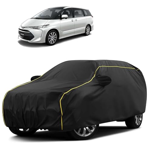 Image of Sulfar 100% Water Resistant Car Body Cover Compatible with Mirror for Toyota Previa (Triple Stitched, Full Bottom Elastic, Black Taffeta with Yellow Piping)