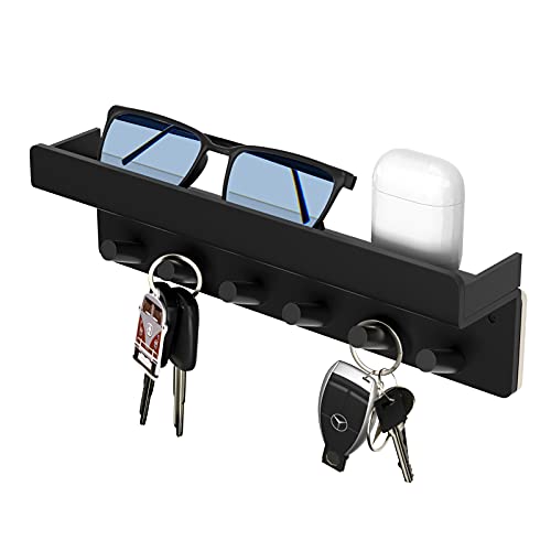 Key Holder for Wall, KDSKSC Magnetic Key Holder, Mail Holder Wall Mount, Key Rack with Tray 6 Hooks, Acrylic Key Hanger Key Hooks for Hallway Kitchen Office Farmhouse Decor, Black