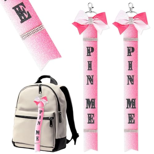 LANGFON 2PCS Pink Glitter Rhinestone Pin Me Ribbon Keychains for Cheerleader Backpack Cheerleader Keychain Cheer Bow Pin Holder for School Bag Women Toddlers Girls Gifts