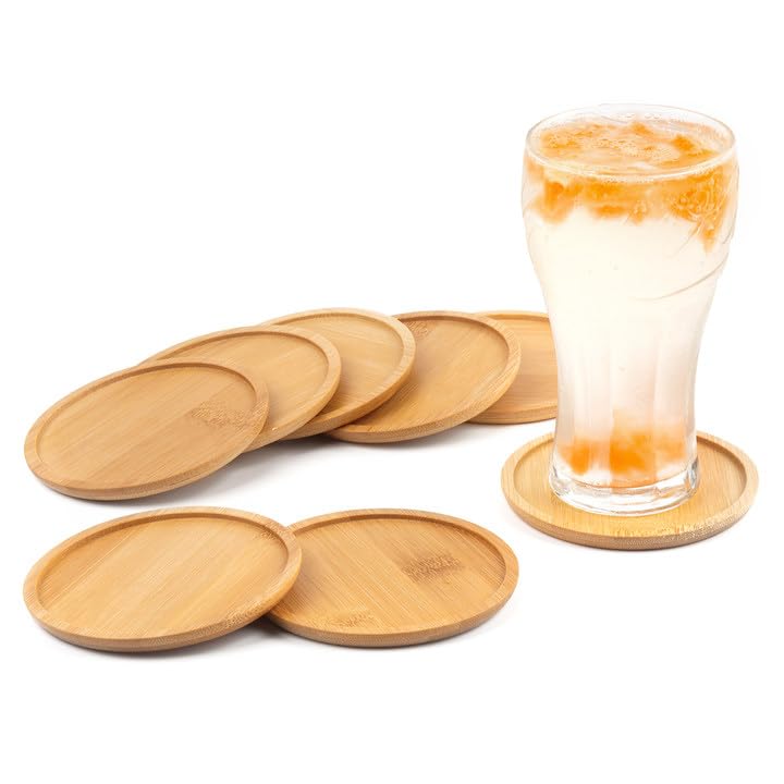 Rainsworth Glass Coasters 10 cm, Bamboo Washable Coasters Round Suitable for Glasses, Set of 8 for Drinks, Beer, Glass, Cups, Wooden Table Coasters Decoration Gifts