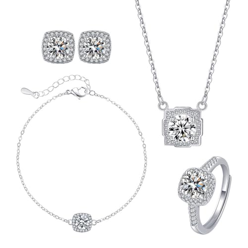 4pcs Cubic Zirconia Wedding Jewelry Sets for Bride Bridesmaid Cubic Zirconia Pendant Necklace Earrings Link Tennis Bracelet Open Ring Set for Women Birthday/Valentine's Day/Mother's Day/Christmas