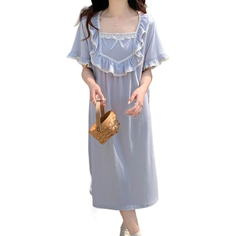 OFFSUM Camisón De Pijama De Mujer - Dulce Verano Encaje Bordado Princesa Ropa De Dormir Estilo Francés Temperamento Albornoz Cuello Cuadrado Color Sólido Ropa De Casa