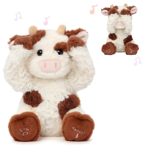 Hopearl Peek A Boo Cow Interactive Repeats What You Say Plush Diary Cattle Toy Musical Singing Talking Stuffed Animal Adorable Electric Animate Gift for Toddlers Brown 11
