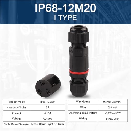 Conector IP68 12M20 estanco de 3 pines para cables de iluminación 2