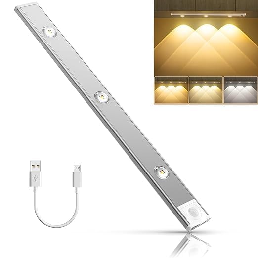 Motion Sensor Under Cabinet Light Strip, 3 Colors Mode, Rechargeable, Wireless, Adhesive Sticker Counter Lights for Kitchen, Stair, Home, Room Decore (3 LED, 40cm) (Pack of 1)-image-25