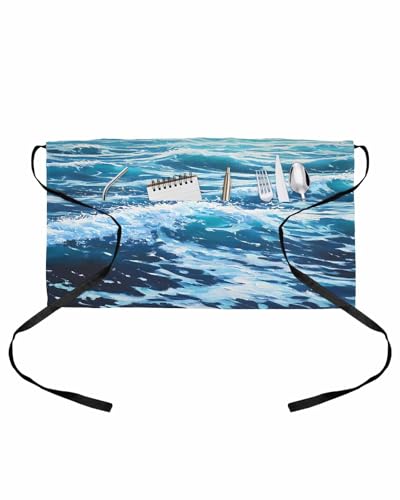 PIEPLE Blue Coastal Server Apron Waitress Aprons with 3 Pockets, Summer Beach Nautical Waves Ocean Half Waist Waiter Aprons Restaurant Chef Aprons for Women Men