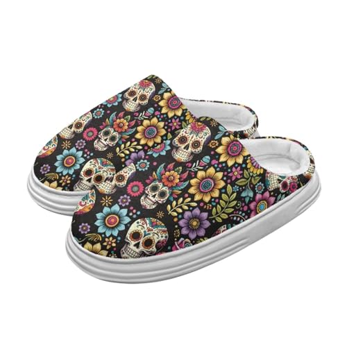 UNICEU Skull Print Fuzzy Slippers for Women Soft Comfort House Shoes Slip On Lightweight Slides for Home Travel