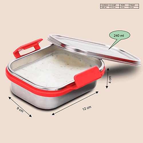 Image of SignoraWare Cute Compact Stainless Steel Lunch Box | Stackable Design | Clip Lock Steel Lid | Airtight & Leak Proof | Perfect for Kids | Best for Packing Sandwiches, Fruits & Snacks (240ml | Red)
