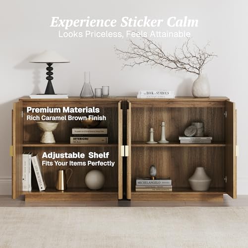 Image of BELLEZE Set of 2 Modular Fluted Sideboard Buffet Cabinet with Storage, Mid-Century Modern Console Sideboard with Symmetrical Arched Doors, Credenza for Kitchen and Living Room, Caramel Brown