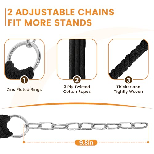 Image of Lazy Daze Hammocks 12FT Double Rope Hammocks, 2 Person Hand Woven Cotton Hammock with Spreader Bar, Carabiner, Tree Strap, Chain for Outside, FIT 13-15 FT Stand, Max 450 Lbs, Black
