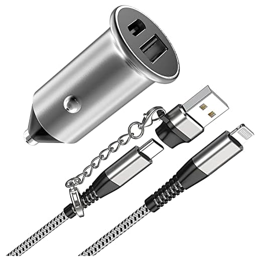 30W USB-C & USB-A Dual Port Car Charger Power Delivery Fast Auto Charging with Apple MFi Certified 10ft USB-C to Lightning Cable and USB Adapter for iPhone 14/13/12/X/Xs/XR/Pro Max/Mini, iPad, AirPods