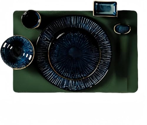 duwanlhridh セラミックディナープレート セラミックディナーセット ストライプ柄7点セット 和風手描き青釉陶磁器コンビセット 窯変風食器 ピザサービングストーンウェア皿 キッチン レストランに最適な 一人用食器セット家庭用やギフトにも最適 (ブル