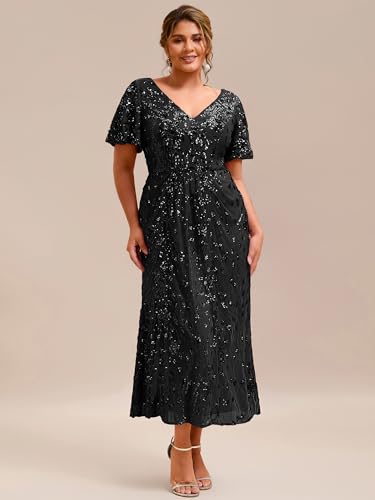 Image of Ever-Pretty Plus Women's Sequin V Neck Plus Size Prom Dress Mermaid Formal Cocktail Evening Dresses for Curvy Women