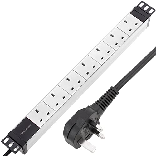 RackMatic - Steckdosenleiste für Rack Schrank 19” 1HE mit 7 UK BS weißem und grauem PVC-Gehäuse Cover