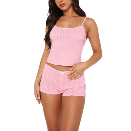 Image of Women's Two Piece Outfit Lace Trim Top and Shorts Set 2 Piece Lounge Sets Ladies PJs Summer Clothes