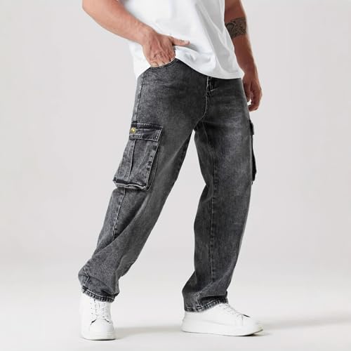 Jeans Pants Trousers Denim Loose and Trendy Street Dark Grey Multi Pocket Casual Straight Leg Commuting for Men3
