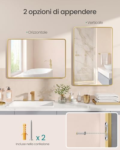 SONGMICS Specchio Bagno, Specchio da Parete, Rettangolare, Cornice in Alluminio, 91 x 61 cm, Pellicola di Sicurezza, 2 Opzioni di Sospensione, Soggiorno Camera da Letto, Oro Pallido LWM010AB01 - Immagine 5