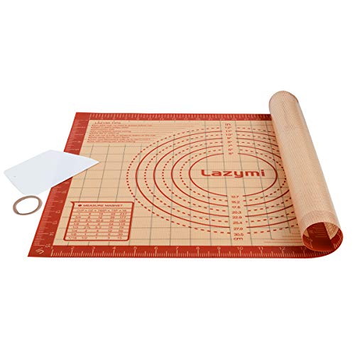Thick Silicone Baking Mats Sheet, Non Stick Pastry Rolling Mat with Measurement 40×50cm, Non-Slip Silicon Dough kneading Mat, Counter Table Mat, Placemat, for Pie/Cake/Pizza Mats (Red+Scraper)