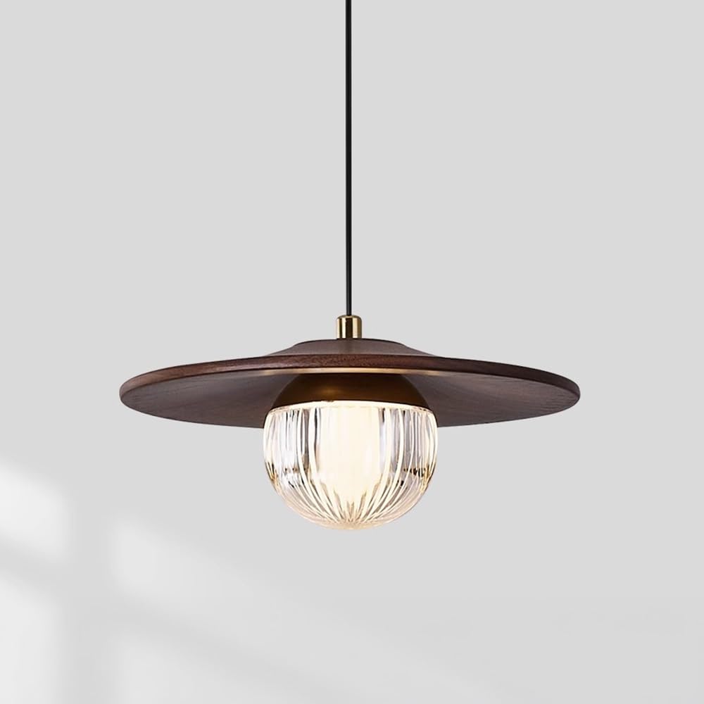 ITOSUI Japanese Scandinavian Walnut Wood Pendant Light, Fluted Glass Disc Hanging Lamp, Mid Century Modern Chandelier for Kitchen Island, Bedroom Bedside, Small Rustic Fixture