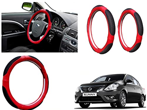 Image of Microfiber Car Steering Wheel Cover, Soft Padding Great Hand Feel, Anti-Slip, Faux Leather Steering Cover for Nissan Sunny New | Black Red Jali - Pack of 1