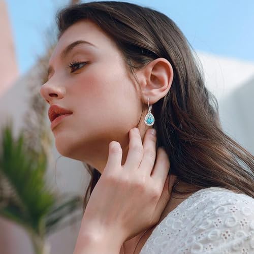 Vito S925 Sterling Silver Dangle Earrings for Women, Turquoise Moonstone Teardrop Tree of Life Filigree Leverback Earrings Dangle Earrings for Daughter Mom4