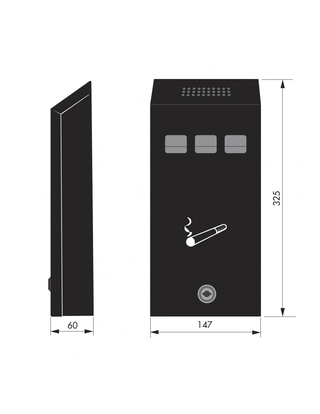 THIRARD - Cenicero de Pared - Acero - Compartimento Extraíble - 325 x 174 x 60 mm - 2 Llaves - Epoxy Negro Granulado - Fijación Mural - Caja Acero - Cierre con Cerradura