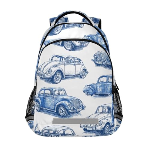 Blue Vintage Cars Kid's Elementary Middle School Backpack for Son Daughter, Age 6-12 Back to School Backpack Bookbag Schoolbag for Boys Girls