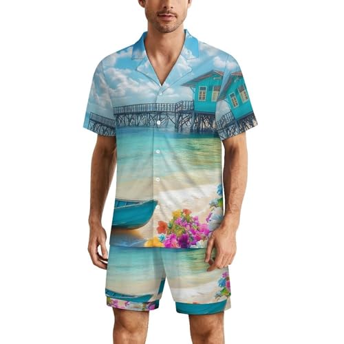 Landscape Beach Sail Boat Mens Pajamas Set Short Sleeve Shirt And Shorts Sleepwear PJ Sets Loungewear