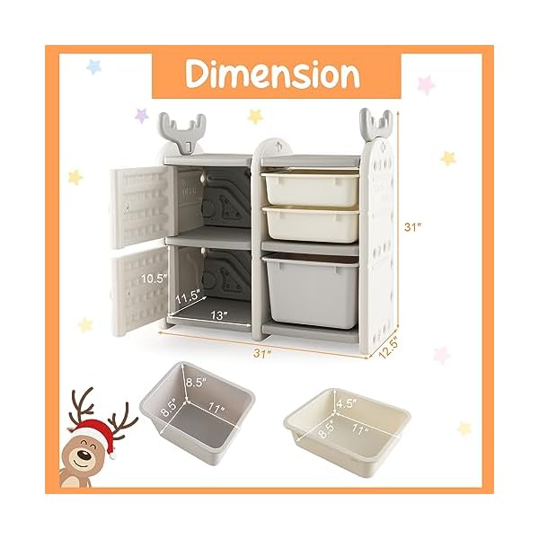   Costzon-Kids-Toy-Storage-Organizer-with-Bins-Multipurpose-Bookshelf-and-Toy-Chest-with-Antler-Top-Enclosed-Cabinets-Pull-Out-Drawers-Toddler-Storage-Cabinet-for-Kids-Room-Playroom-Nursery