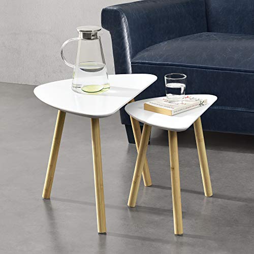 [en.casa] 2X Mesa de Centro Levanger Set de Mesa Baja para Salón 45x60x39,5cm y 40x45x29,5cm Mesa de café Mesa de té Mesa Auxiliar Patas de Bambú Tablero Blanco